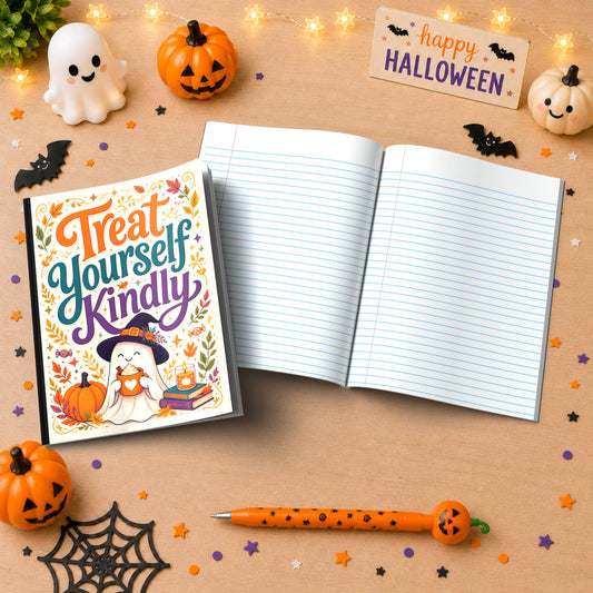 Treat Yourself Kindly Halloween Composition Notebook - Cute Witch Ghost Paperback Journal
