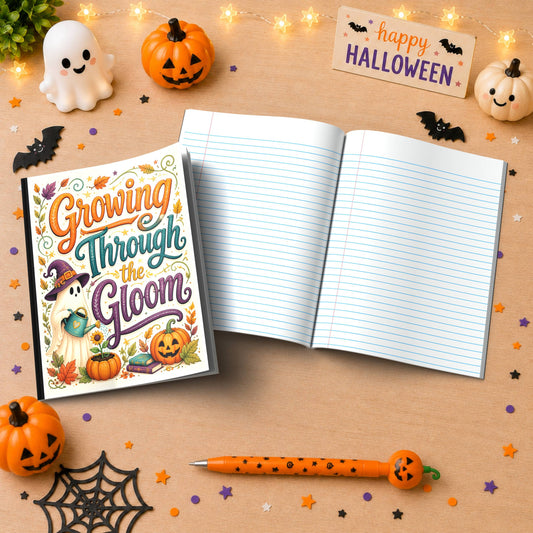Growing Through the Gloom Halloween Composition Notebook - Cute Witch Ghost Paperback Journal