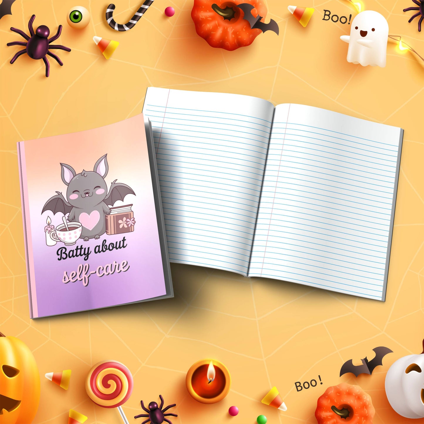Batty About Self-Care soft cover composition notebook, wide ruled, Halloween journal for writing and mental health