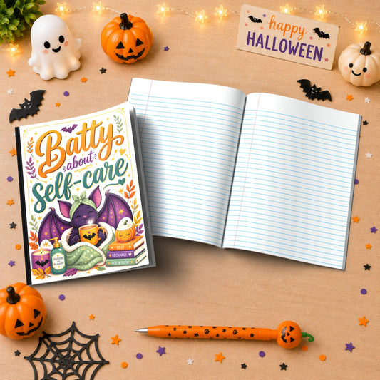 Shop our batty about self care composition notebook featuring the Dark Green Lined style option from MySisterIsASurvivor.