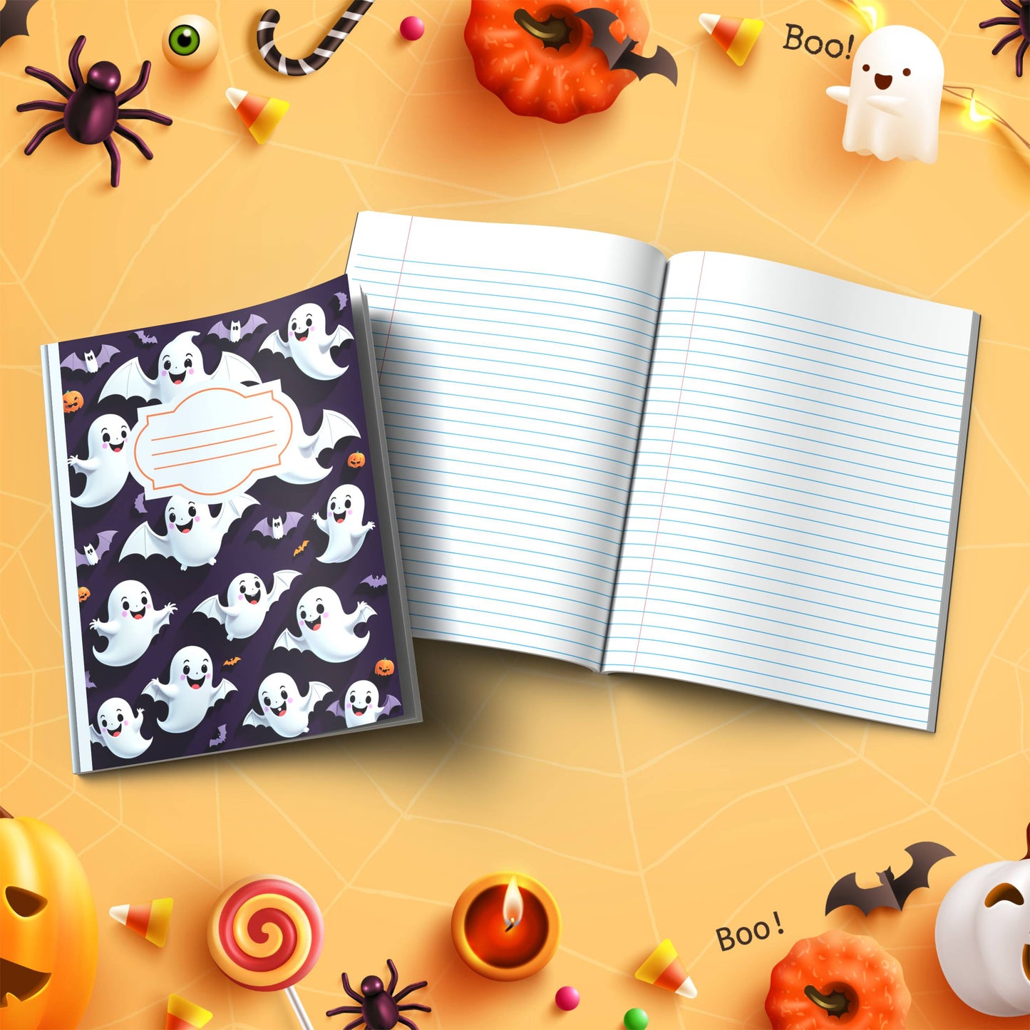 Silly Scribbles & Bats soft cover composition notebook, wide ruled Halloween writing notebook for school or journaling