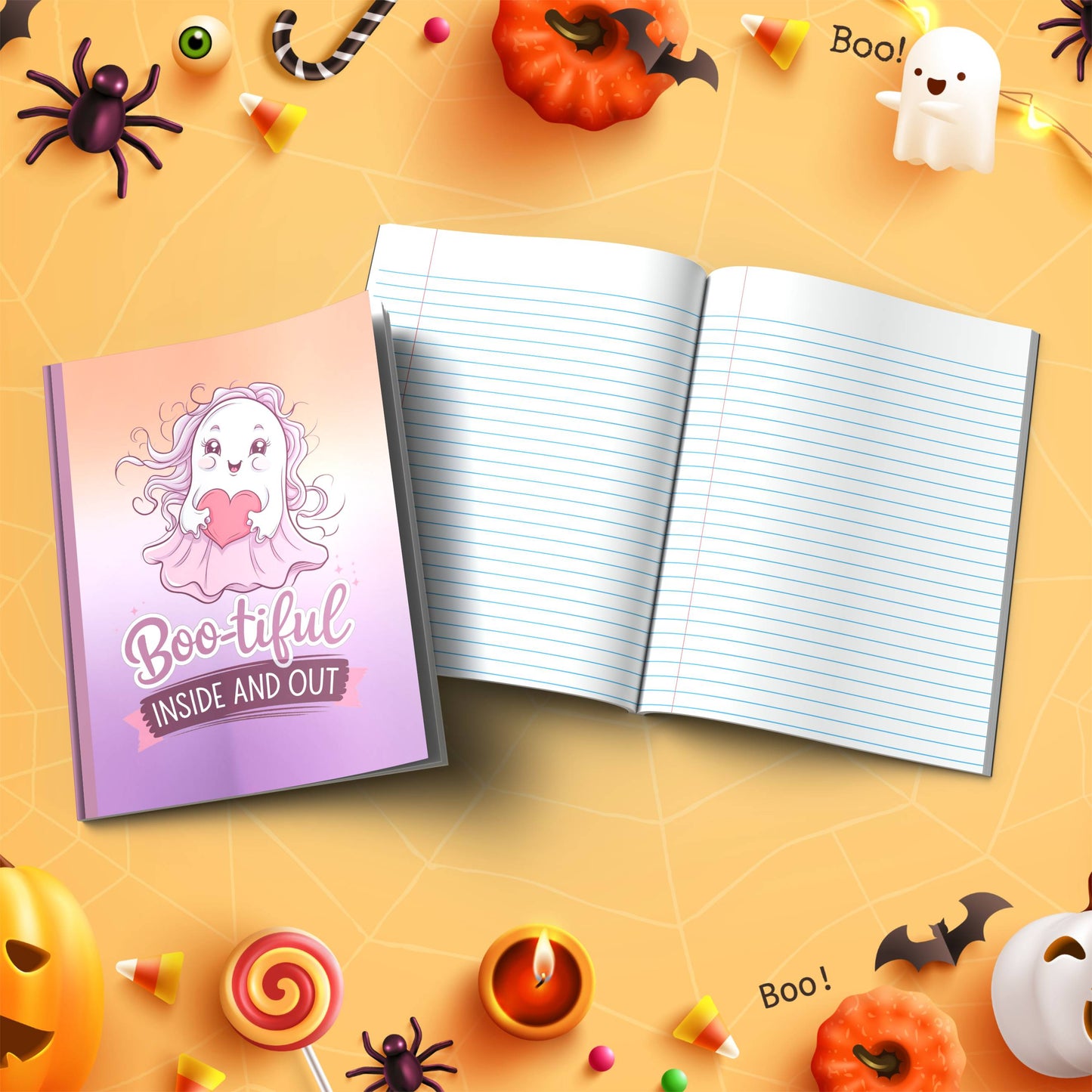 Boo-tiful Inside and Out Halloween soft cover composition notebook, wide ruled writing journal for daily notes