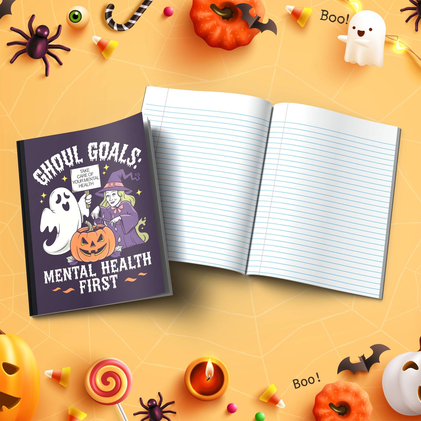Ghoul Goals: Mental Health First Halloween soft cover composition notebook, wide ruled writing journal for notes