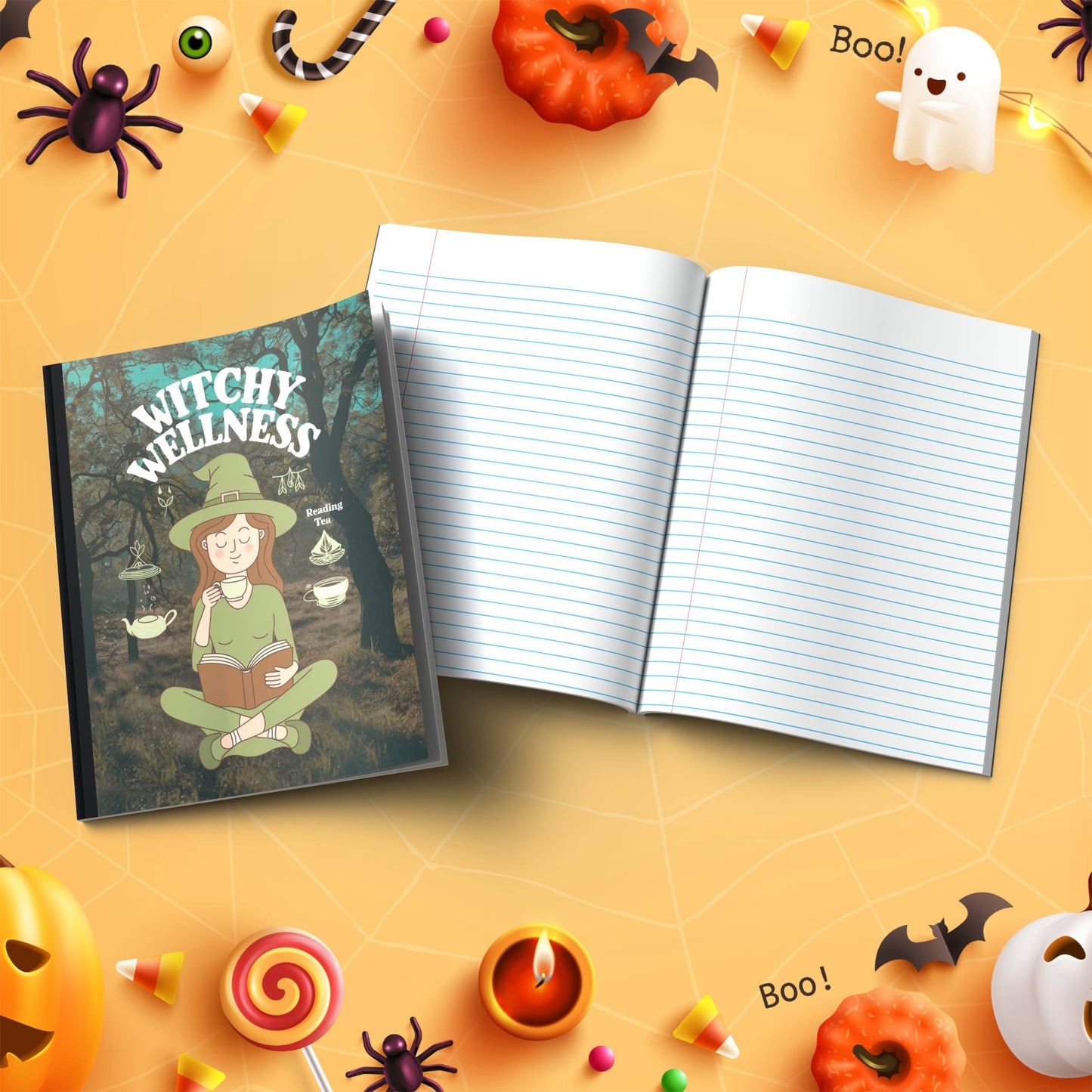 Witchy Wellness Promoting Mental Health soft cover composition notebook, wide ruled Halloween writing journal