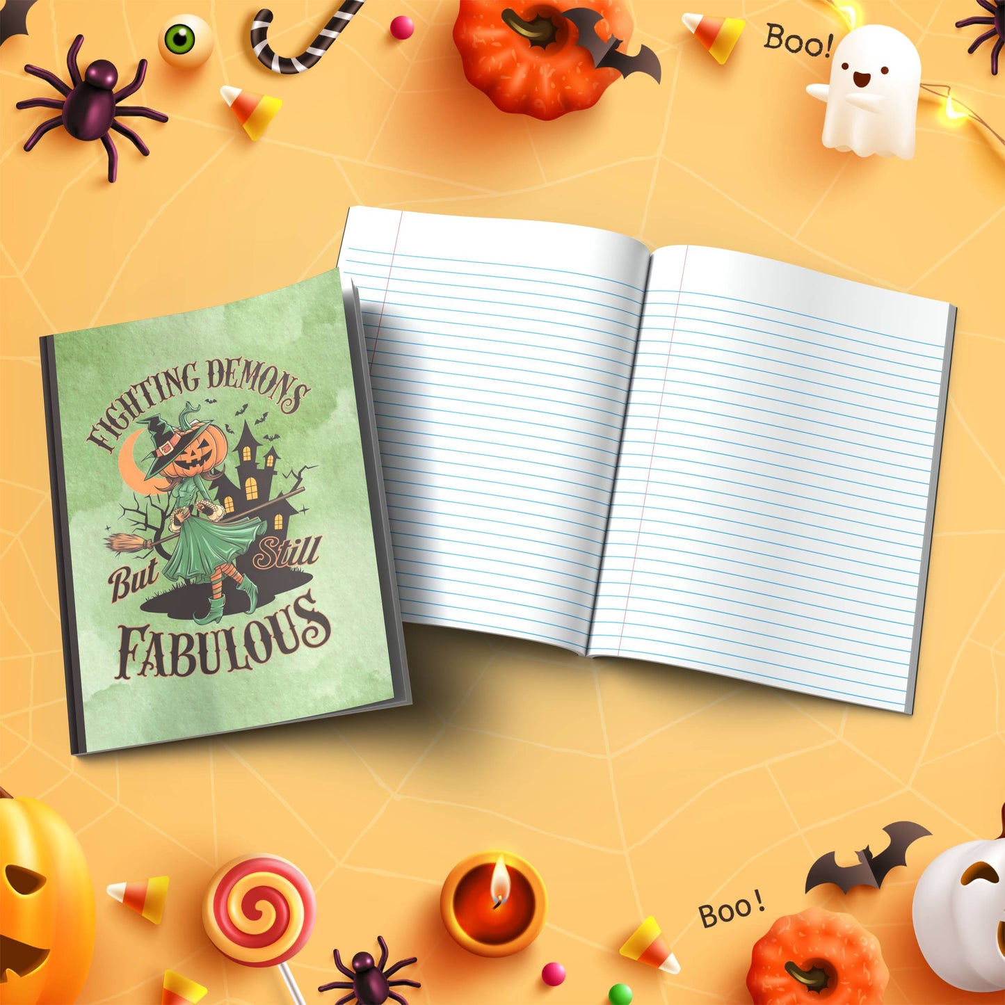 Fighting Demons But Still Fabulous Halloween soft cover composition notebook, wide ruled lined pages for school