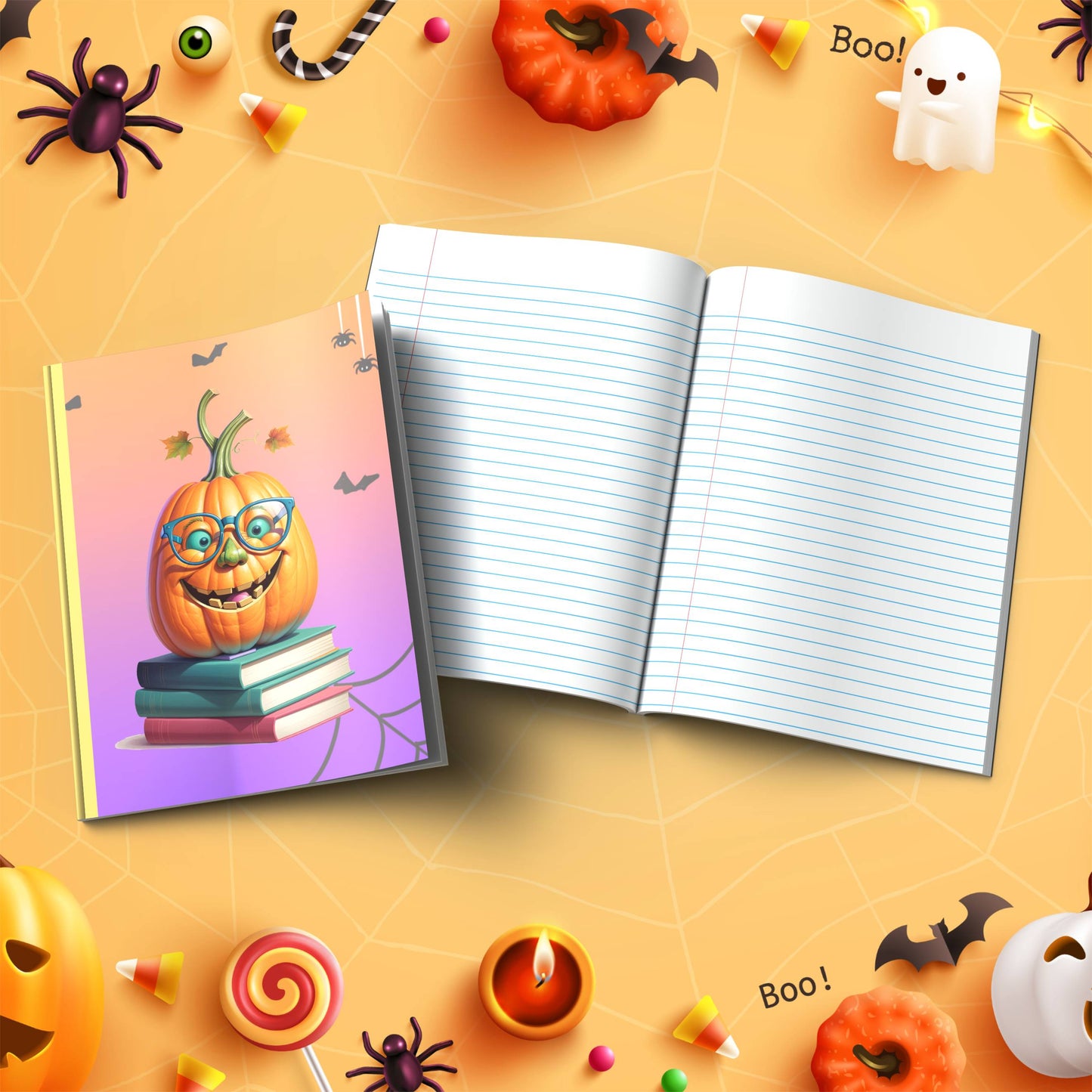 Pumpkin Scholar whimsical fall soft cover composition notebook, wide ruled lined journal for school or writing notes