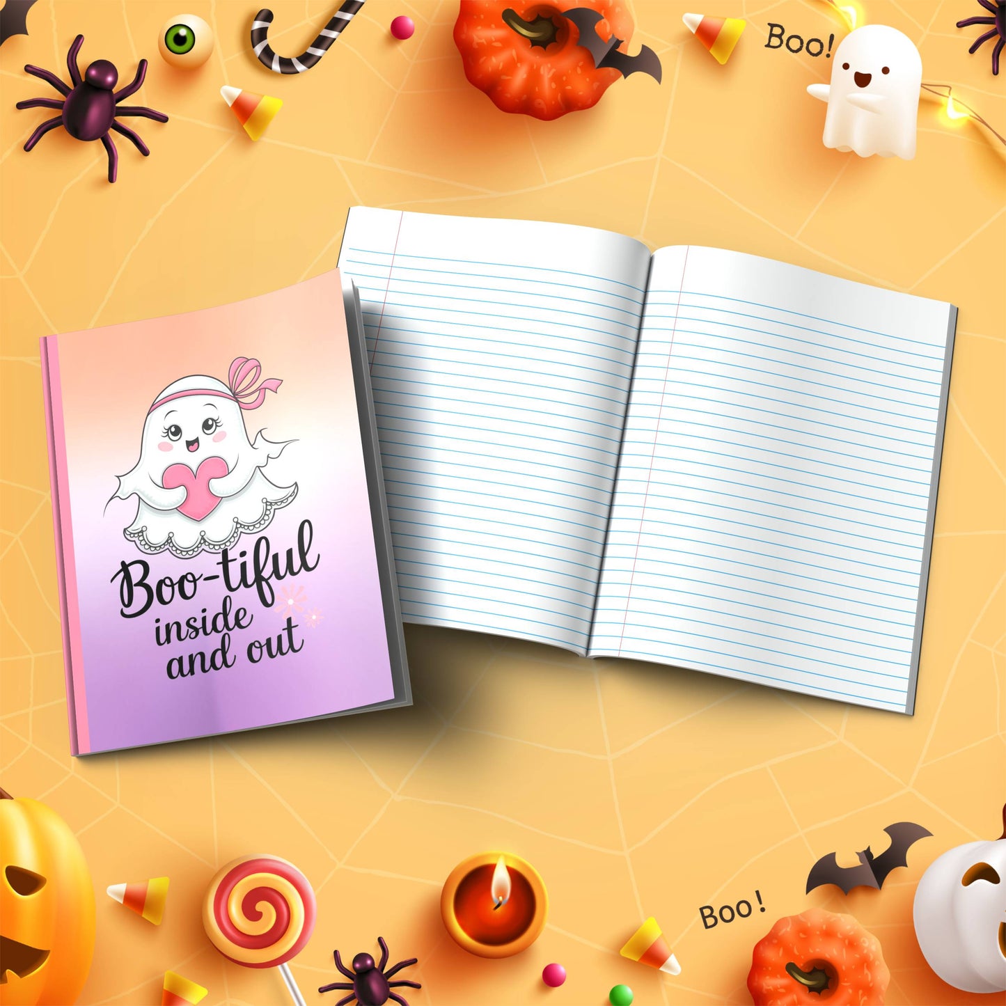 Boo-tiful Inside and Out soft cover composition notebook, wide ruled pumpkin design journal for school or journaling