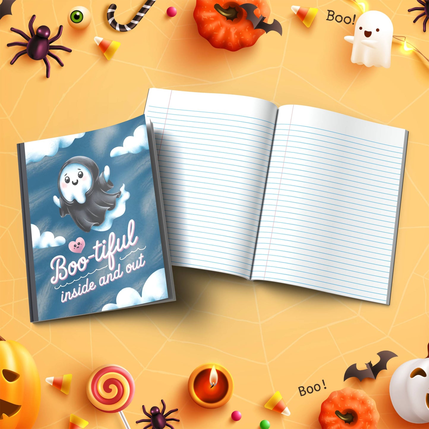 Boo-tiful Inside and Out soft cover composition notebook with pumpkins, wide ruled Halloween writing journal