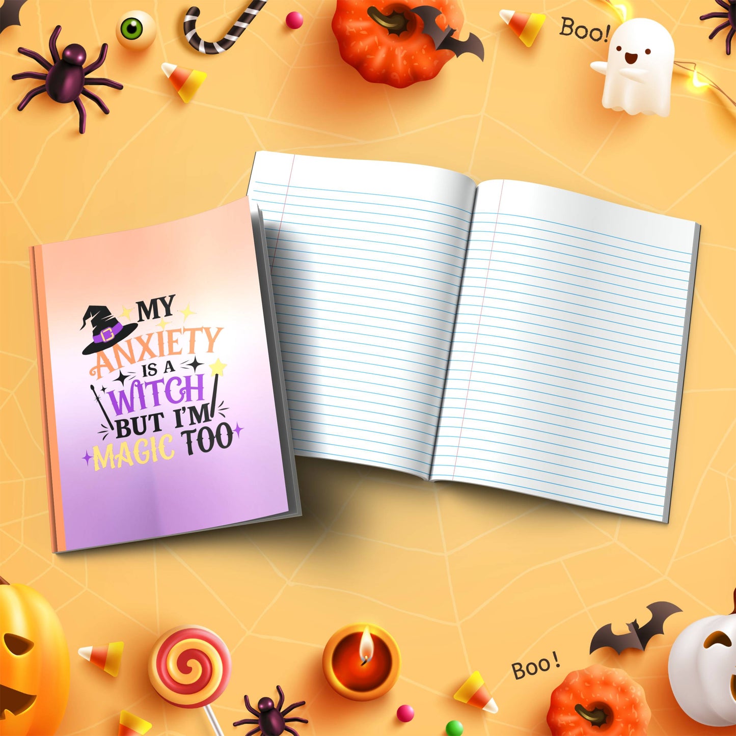 My Anxiety Is A Witch But I'm Magic Too soft cover composition notebook, wide ruled Halloween journal for writing
