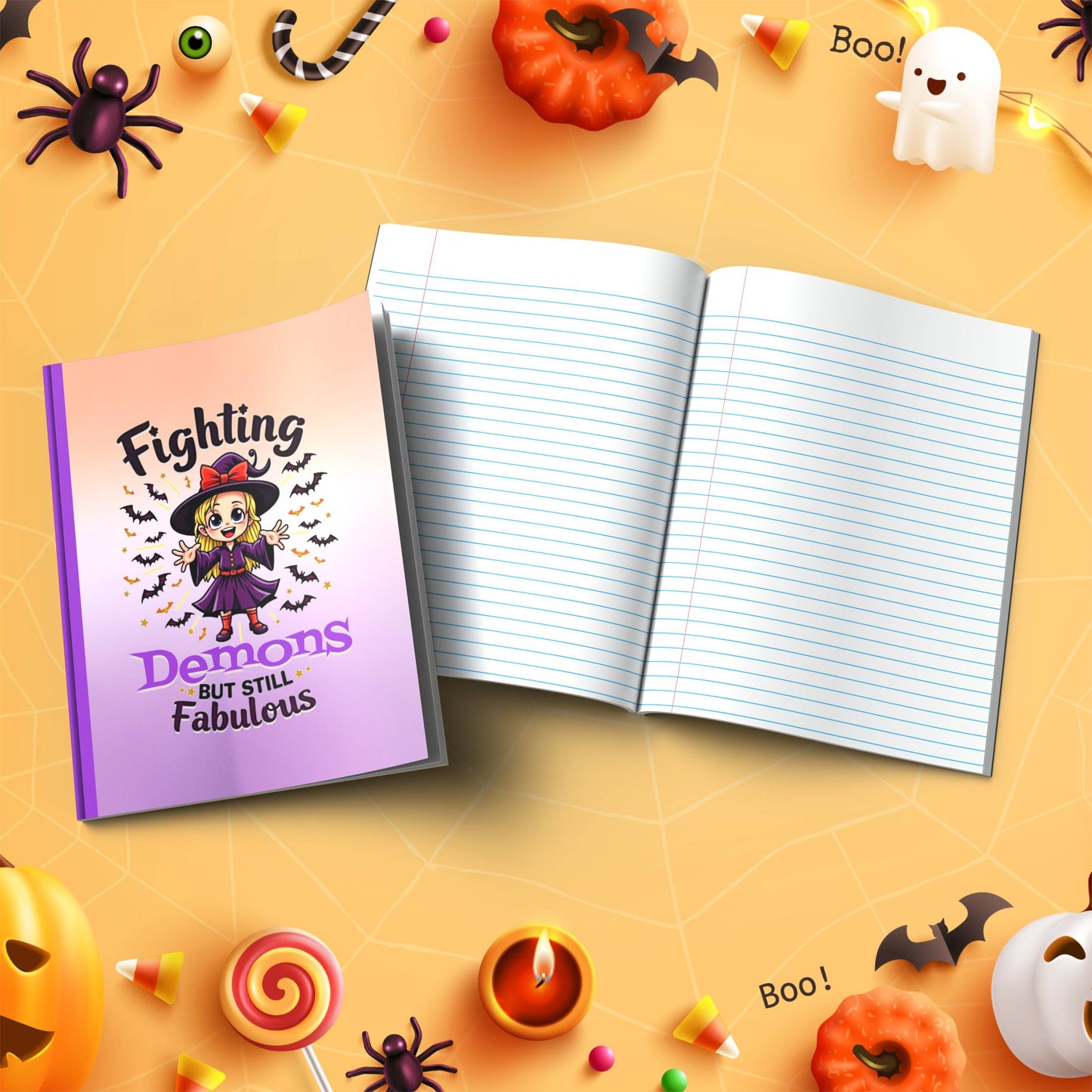 Fighting Demons But Still Fabulous soft cover composition notebook, wide ruled Halloween writing and journaling journal