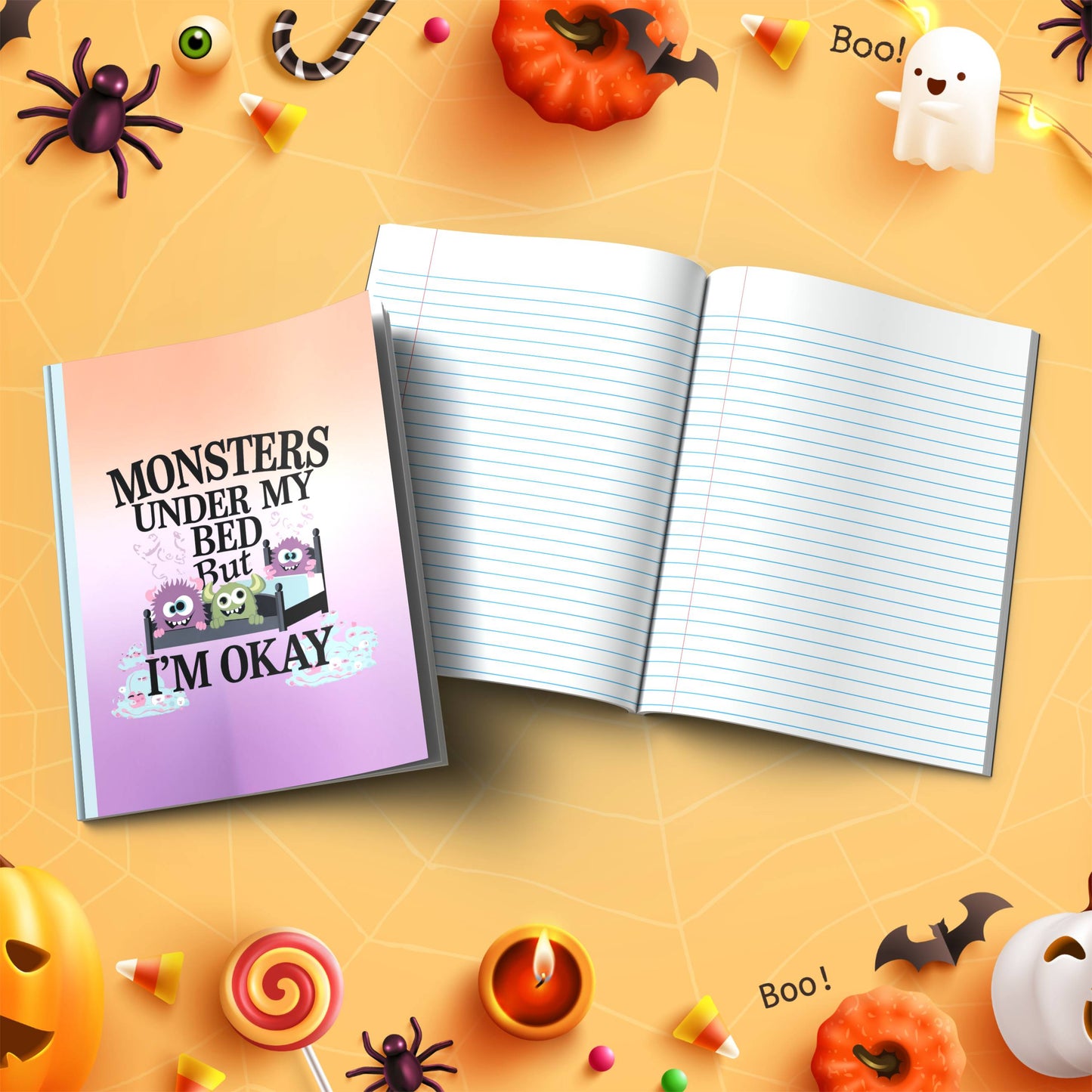 Monsters Under My Bed But I'm Okay soft cover composition notebook, wide ruled Halloween writing and journaling journal
