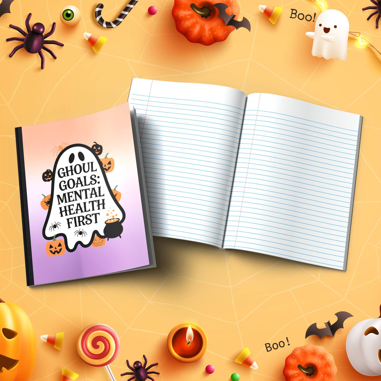 Ghoul Goals: Mental Health First soft cover composition notebook, wide ruled Halloween writing and journaling notebook