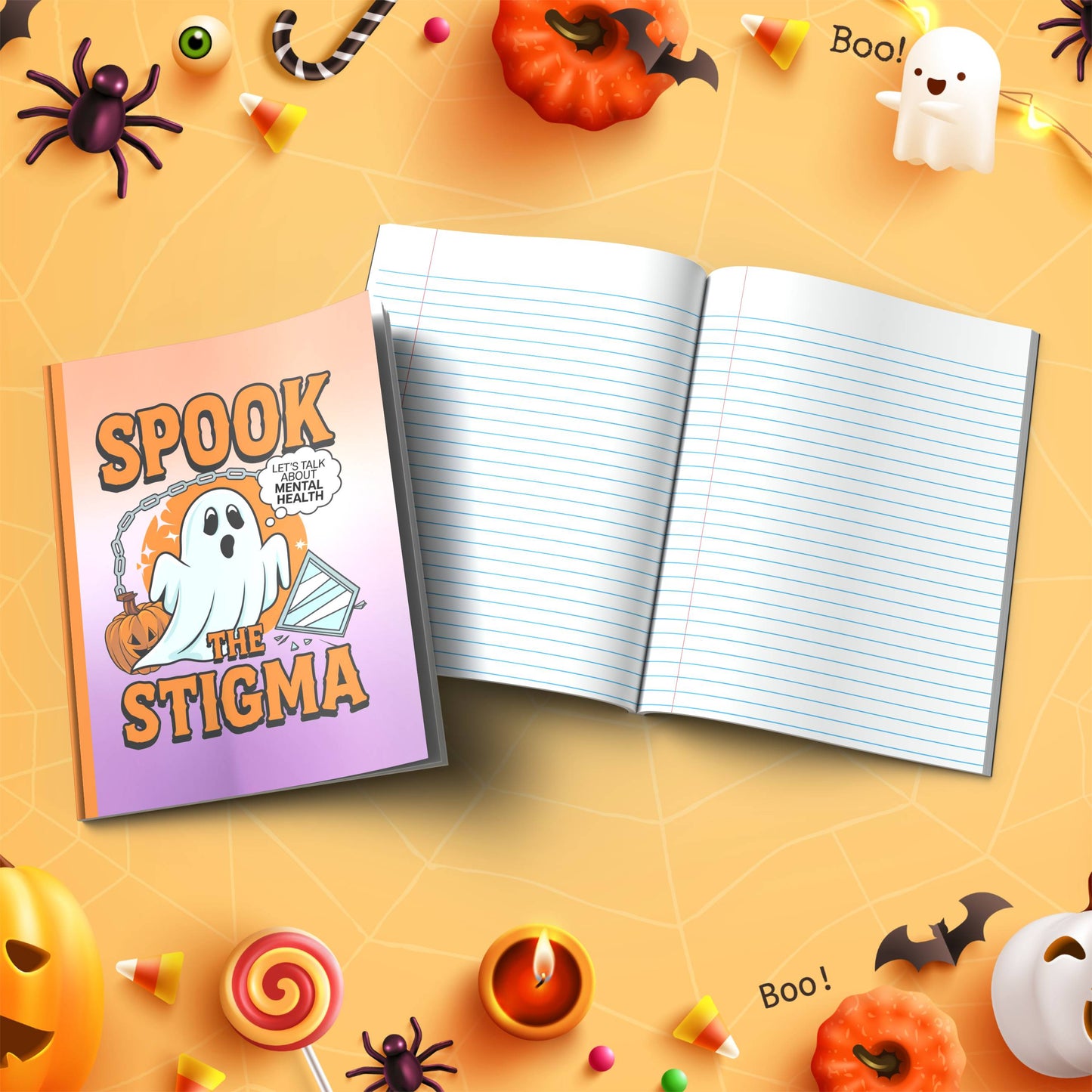 Spook The Stigma soft cover composition notebook, wide ruled Halloween journal for writing, school, or daily notes