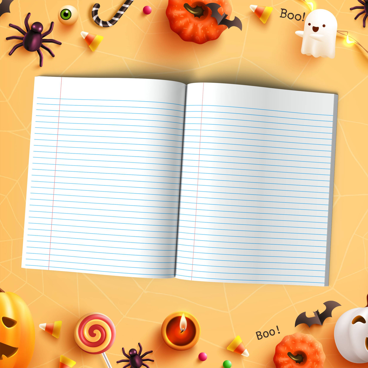 Raspberry Halloween soft cover composition notebook with pumpkin design, wide ruled lined journal for notes or writing