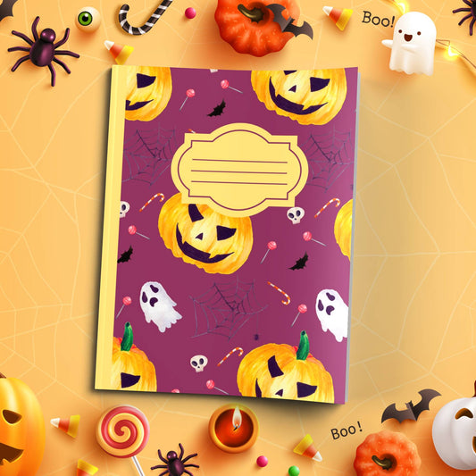 Plum Halloween soft cover composition notebook with pumpkin design, wide ruled lined writing and journaling notebook