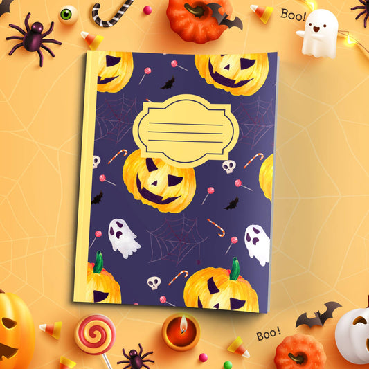 Navy Halloween soft cover composition notebook with pumpkin designs, wide ruled lined journal for school or journaling