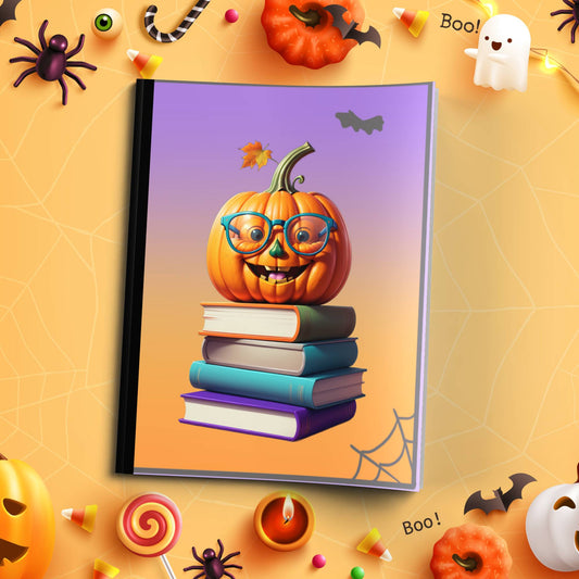 Smarty Pumpkin bright playful soft cover composition notebook, wide ruled Halloween writing and journaling journal