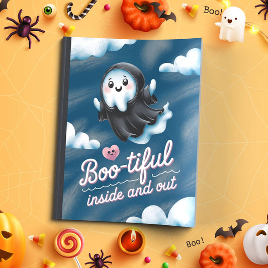 Boo-tiful Inside and Out soft cover composition notebook with pumpkins, wide ruled Halloween writing journal