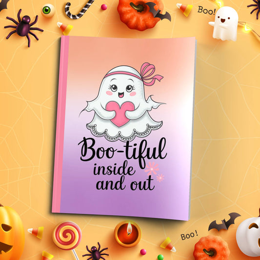Boo-tiful Inside and Out soft cover composition notebook, wide ruled pumpkin design journal for school or journaling