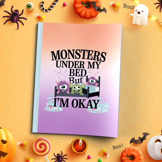 Monsters Under My Bed But I'm Okay soft cover composition notebook, wide ruled Halloween writing and journaling journal
