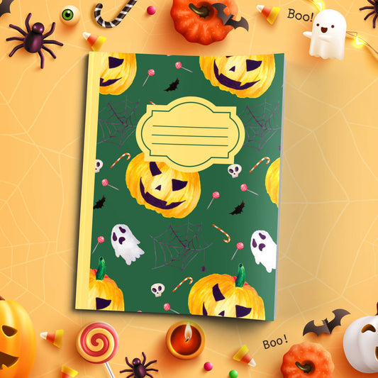 Dark Green Halloween soft cover composition notebook with pumpkin designs, wide ruled lined journal for school or notes