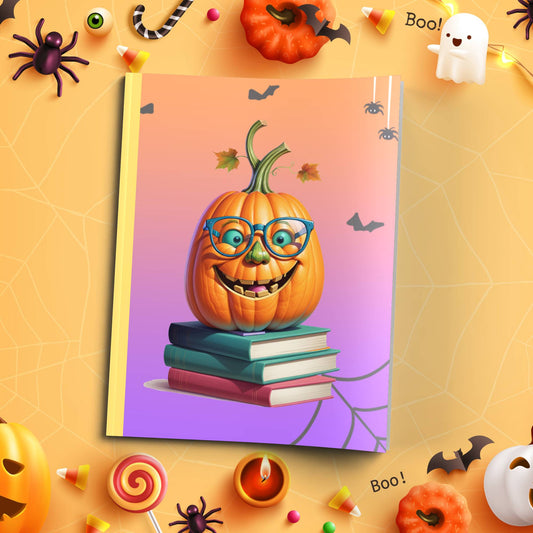 Pumpkin Scholar whimsical fall soft cover composition notebook, wide ruled lined journal for school or writing notes