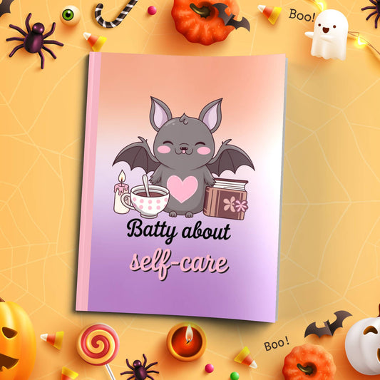 Batty About Self-Care soft cover composition notebook, wide ruled, Halloween journal for writing and mental health