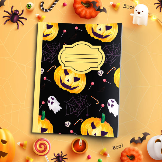 Black Halloween soft cover composition notebook with pumpkin design, wide ruled writing journal for school or journaling