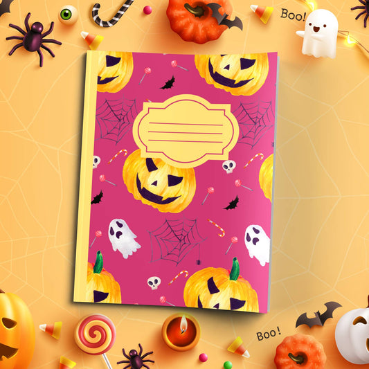 Raspberry Halloween soft cover composition notebook with pumpkin design, wide ruled lined journal for notes or writing