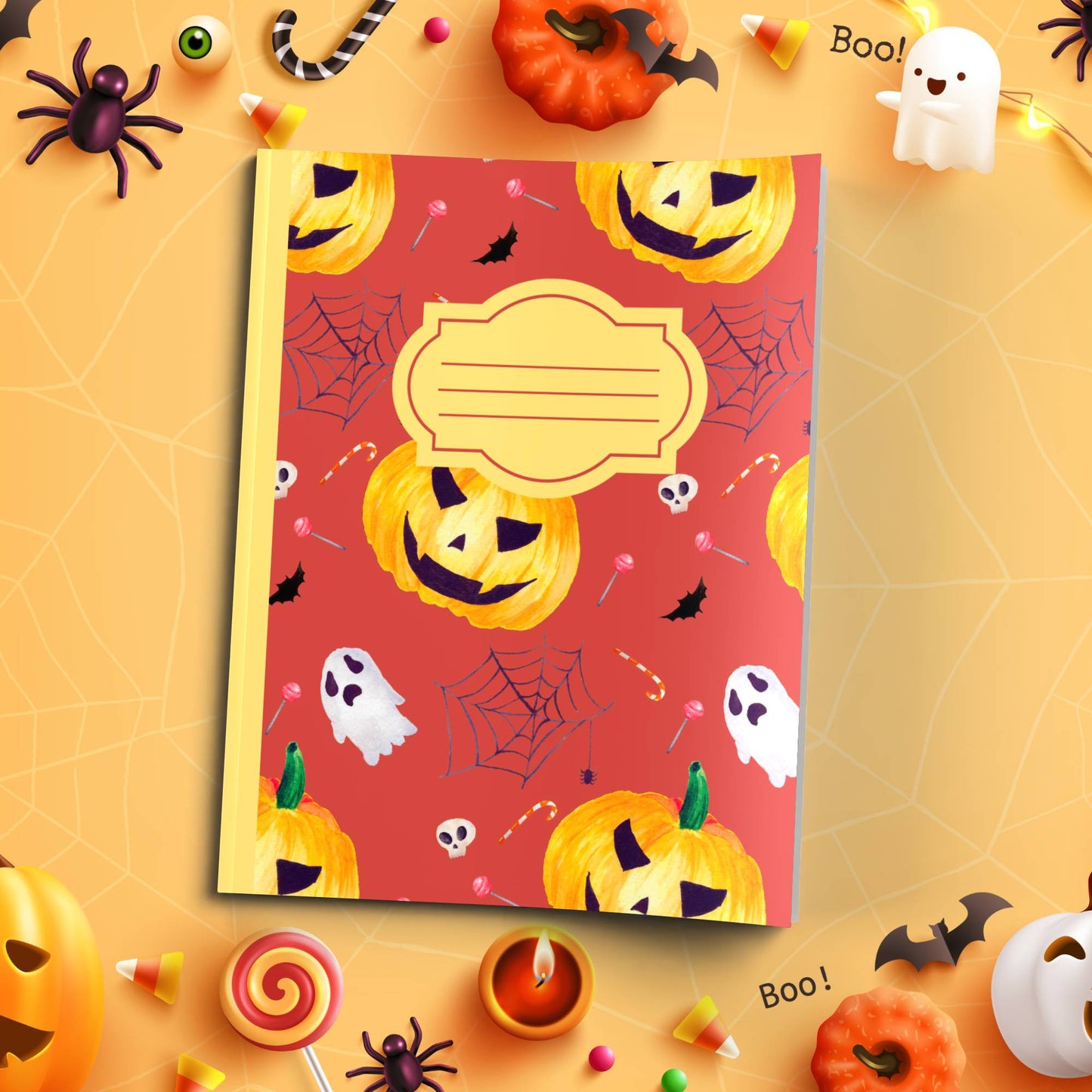 Dark Orange Halloween soft cover composition notebook with pumpkin pattern, wide ruled lined pages for writing