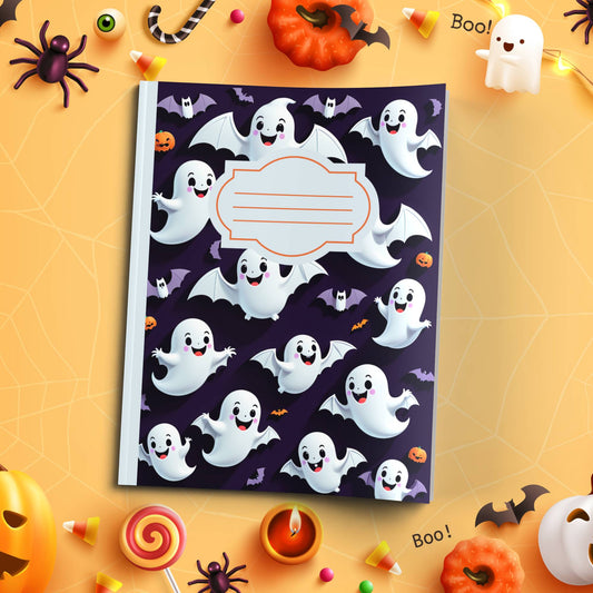Silly Scribbles & Bats soft cover composition notebook, wide ruled Halloween writing notebook for school or journaling