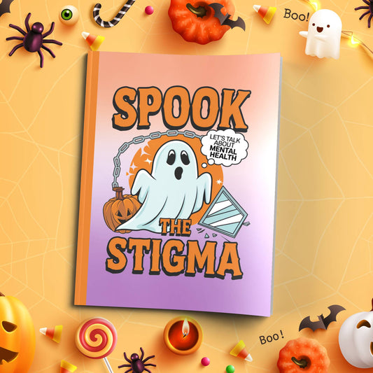 Spook The Stigma soft cover composition notebook, wide ruled Halloween journal for writing, school, or daily notes