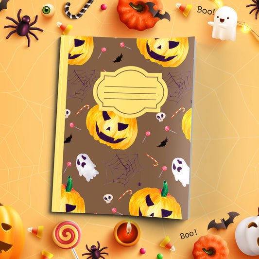 Brown Halloween soft cover composition notebook with pumpkin design, wide ruled journal for school, writing, or notes