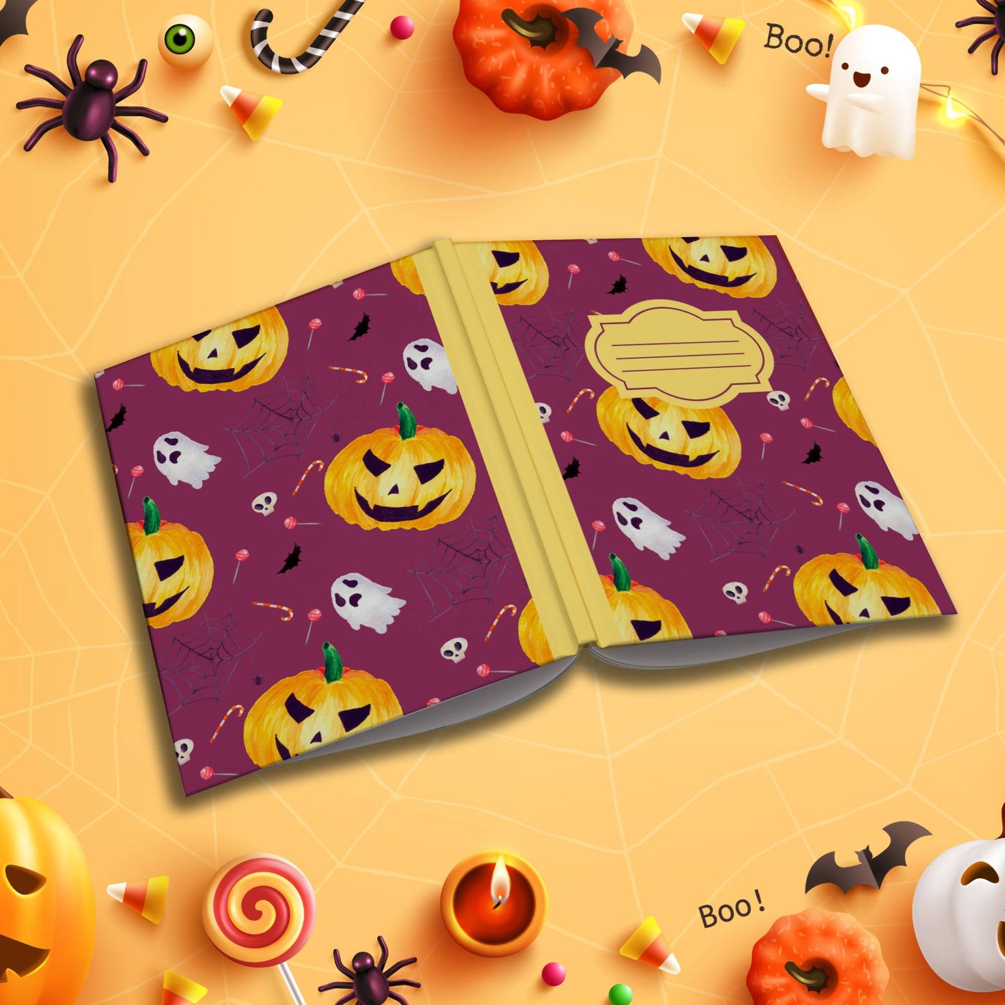 Plum Halloween soft cover composition notebook with pumpkin design, wide ruled lined writing and journaling notebook