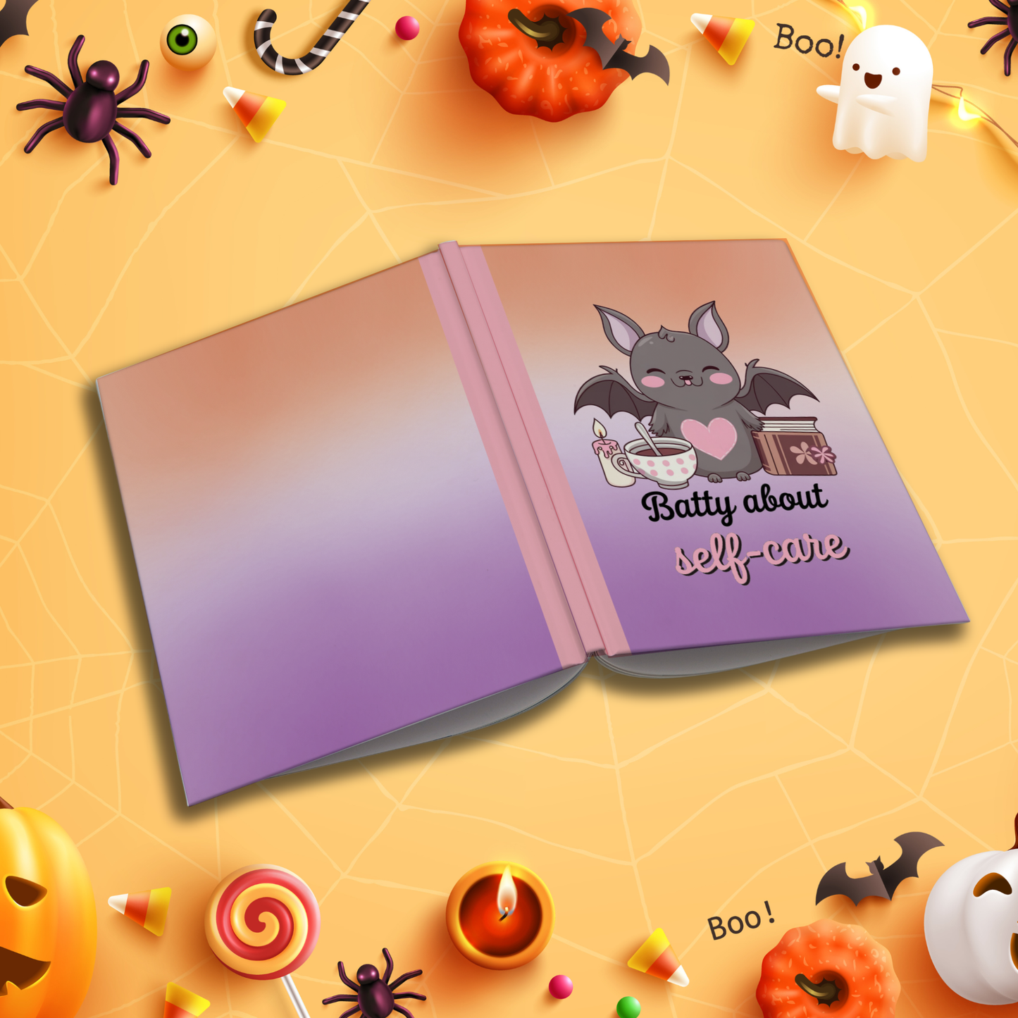 Batty About Self-Care soft cover composition notebook, wide ruled, Halloween journal for writing and mental health