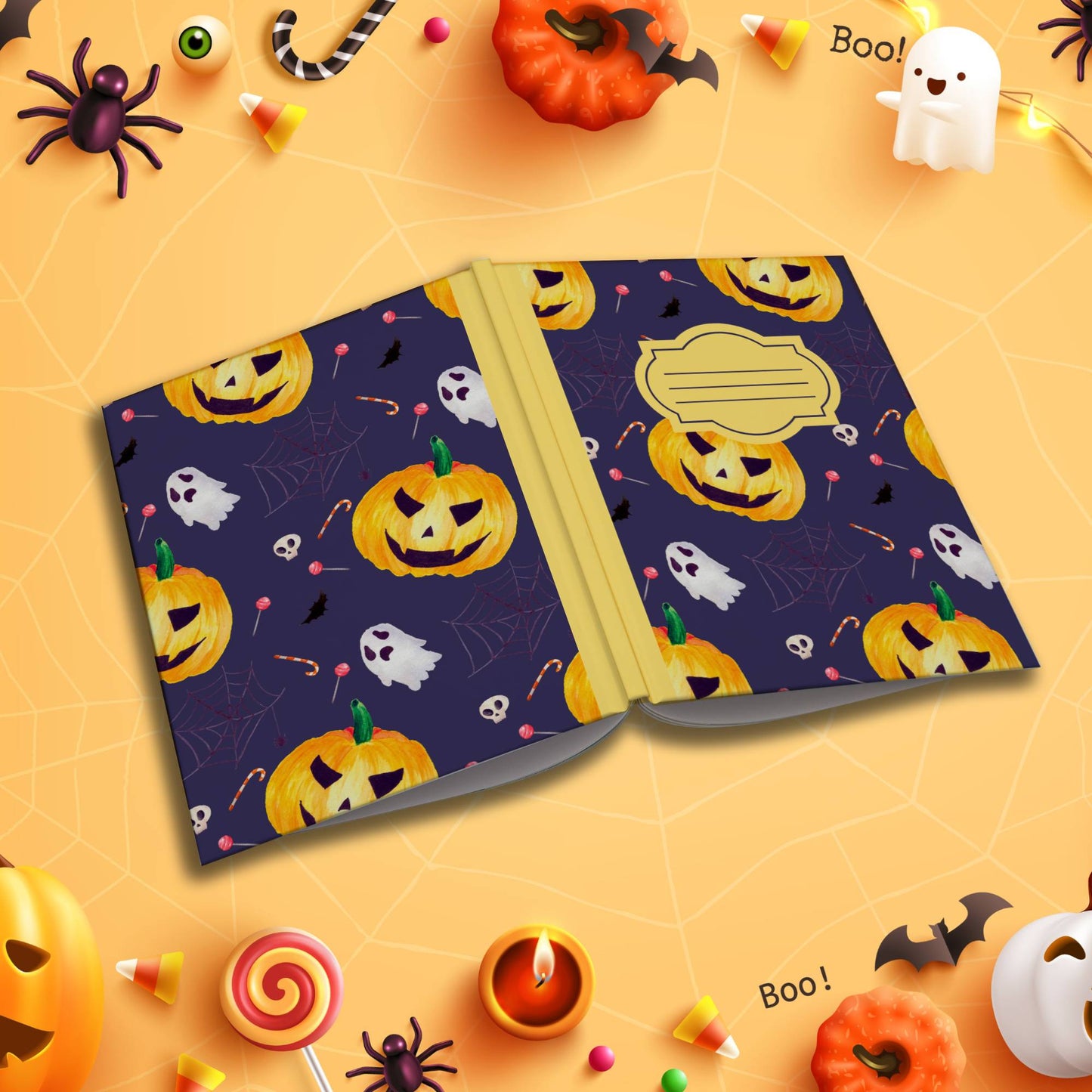 Navy Halloween soft cover composition notebook with pumpkin designs, wide ruled lined journal for school or journaling
