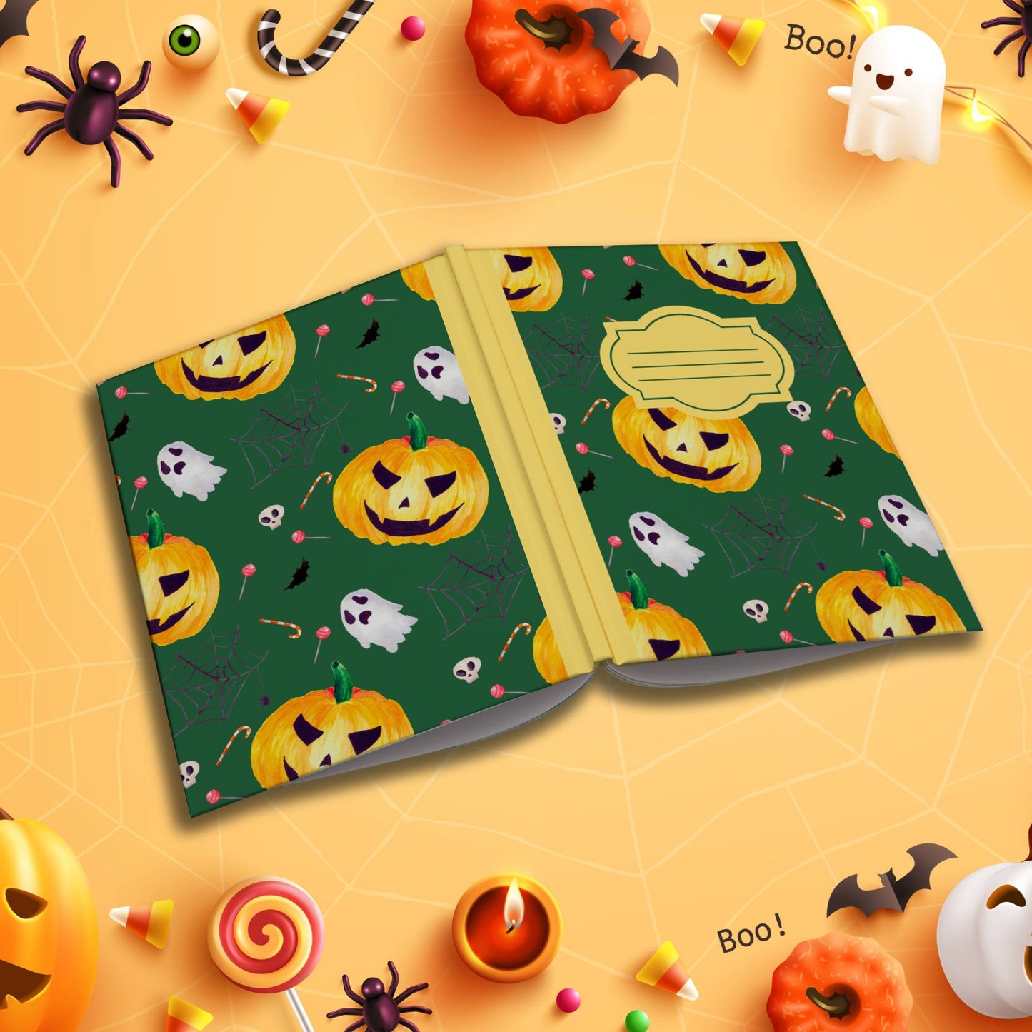 Dark Green Halloween soft cover composition notebook with pumpkin designs, wide ruled lined journal for school or notes