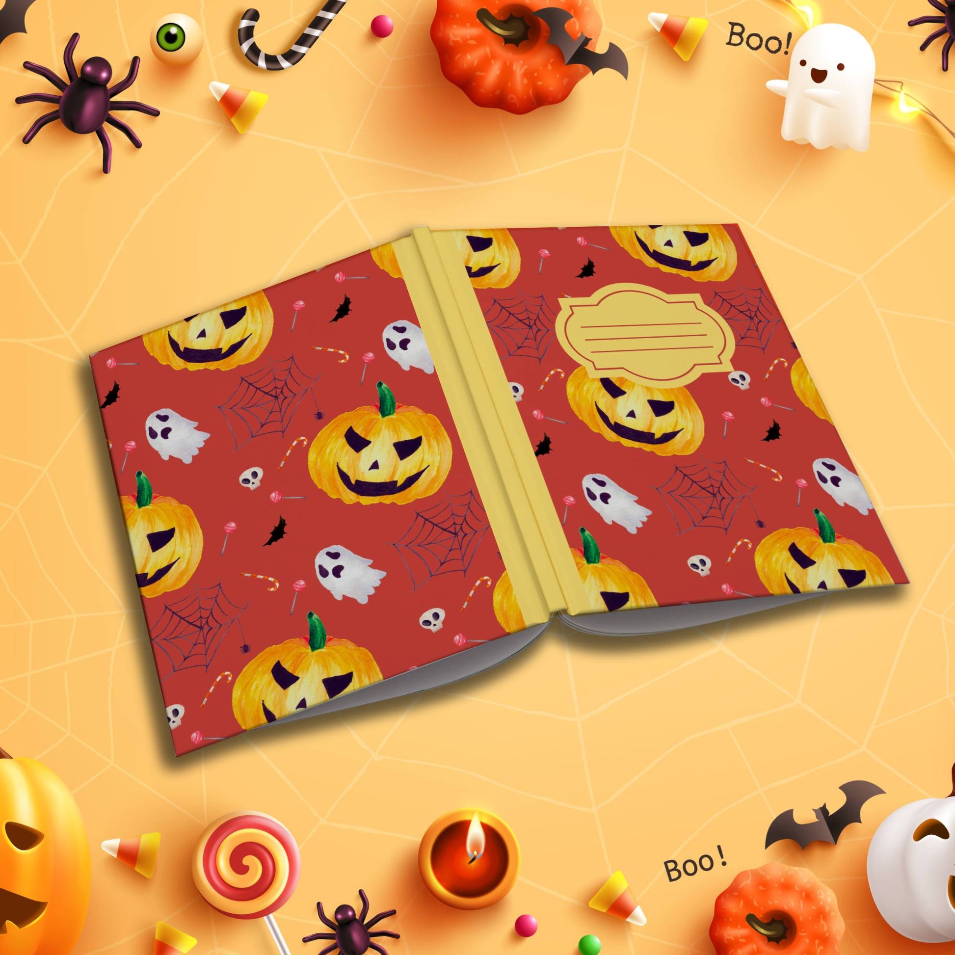 Dark Orange Halloween soft cover composition notebook with pumpkin pattern, wide ruled lined pages for writing