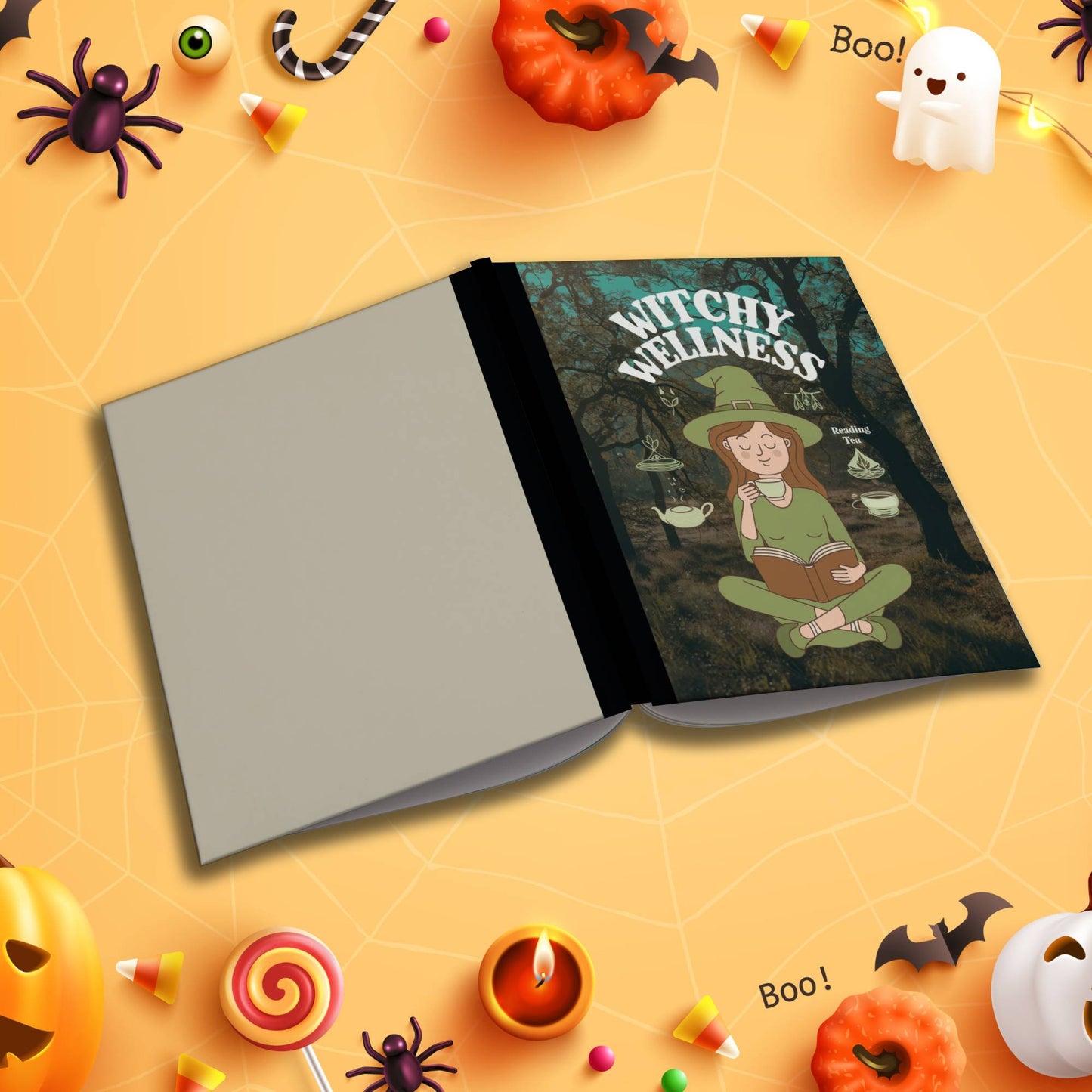 Witchy Wellness Promoting Mental Health soft cover composition notebook, wide ruled Halloween writing journal