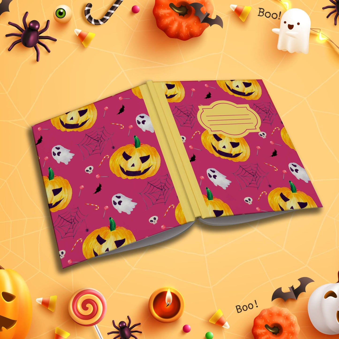 Raspberry Halloween soft cover composition notebook with pumpkin design, wide ruled lined journal for notes or writing