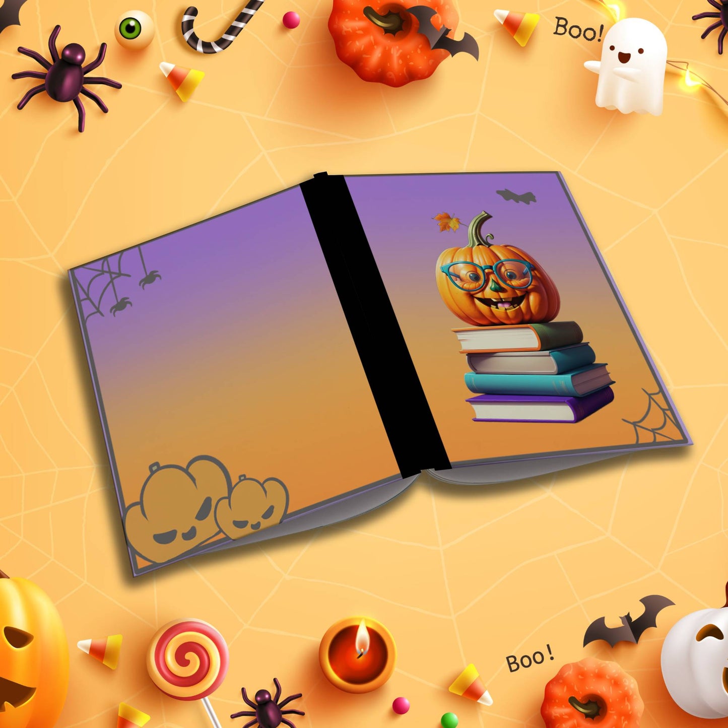 Smarty Pumpkin bright playful soft cover composition notebook, wide ruled Halloween writing and journaling journal
