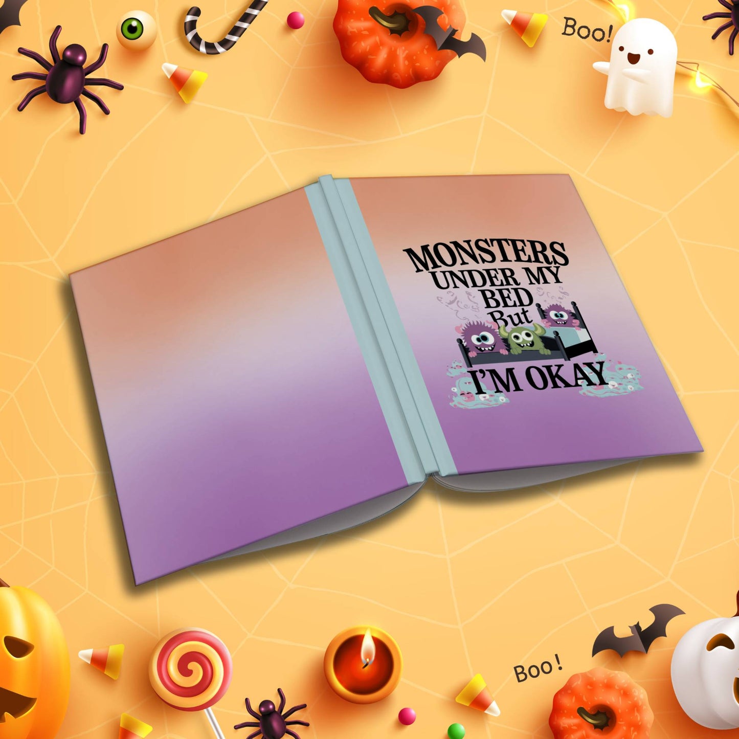 Monsters Under My Bed But I'm Okay soft cover composition notebook, wide ruled Halloween writing and journaling journal