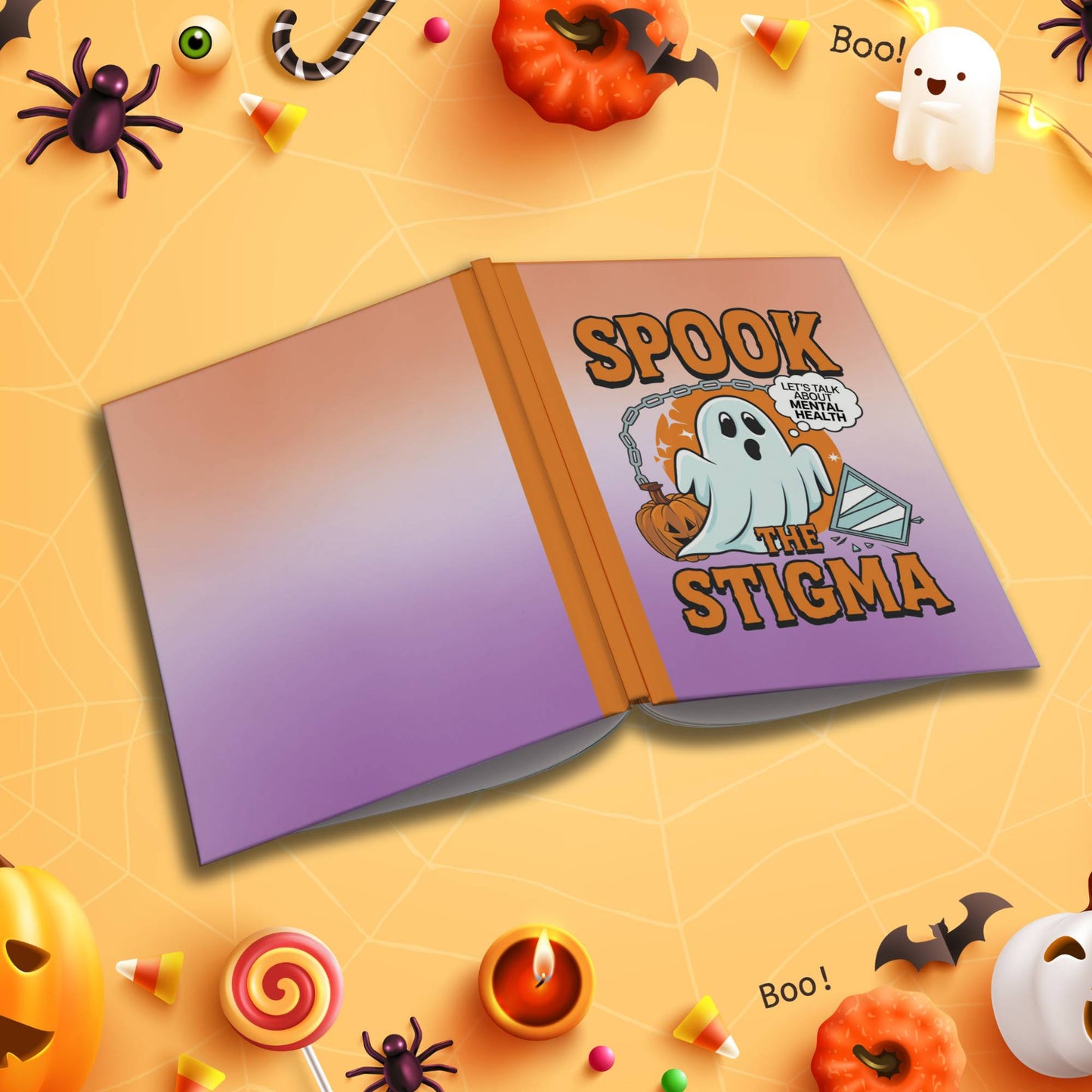 Spook The Stigma soft cover composition notebook, wide ruled Halloween journal for writing, school, or daily notes