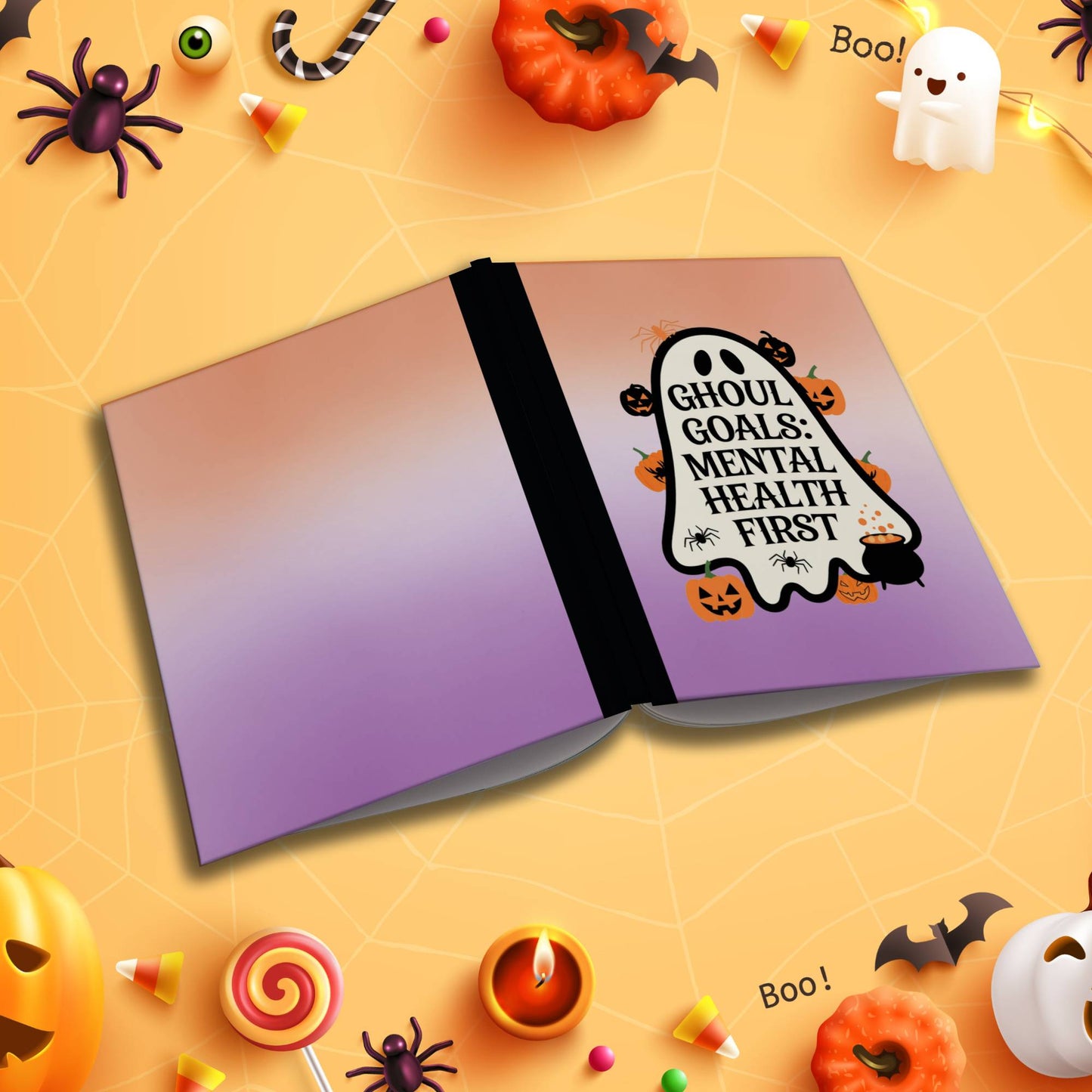 Ghoul Goals: Mental Health First soft cover composition notebook, wide ruled Halloween writing and journaling notebook