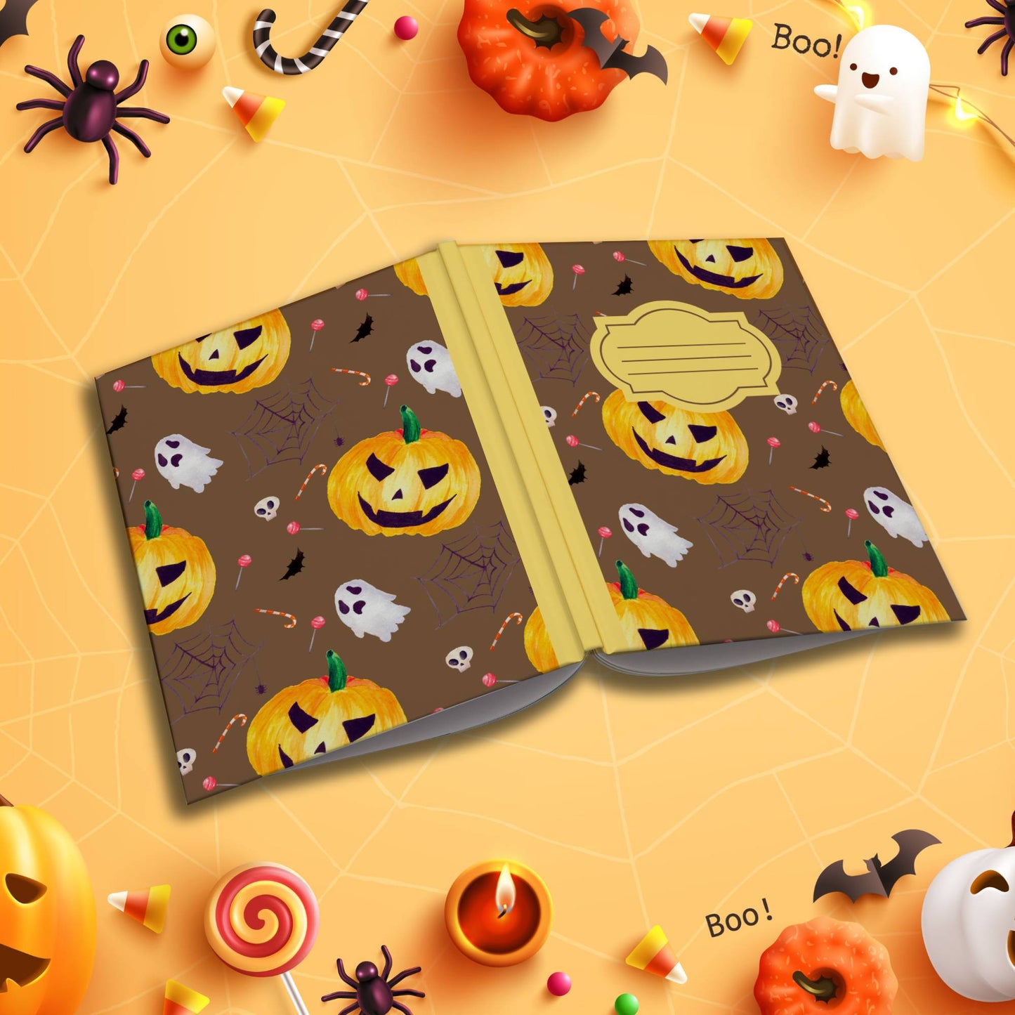 Brown Halloween soft cover composition notebook with pumpkin design, wide ruled journal for school, writing, or notes