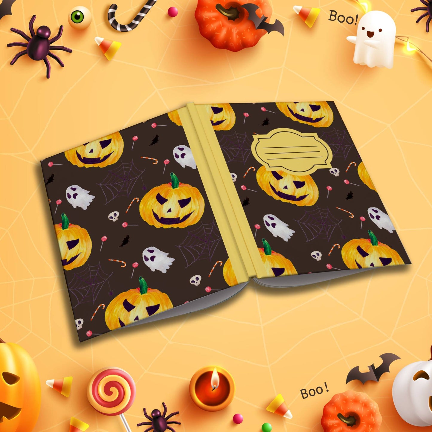 Dark Brown Halloween soft cover composition notebook with pumpkin design, wide ruled writing and journaling notebook
