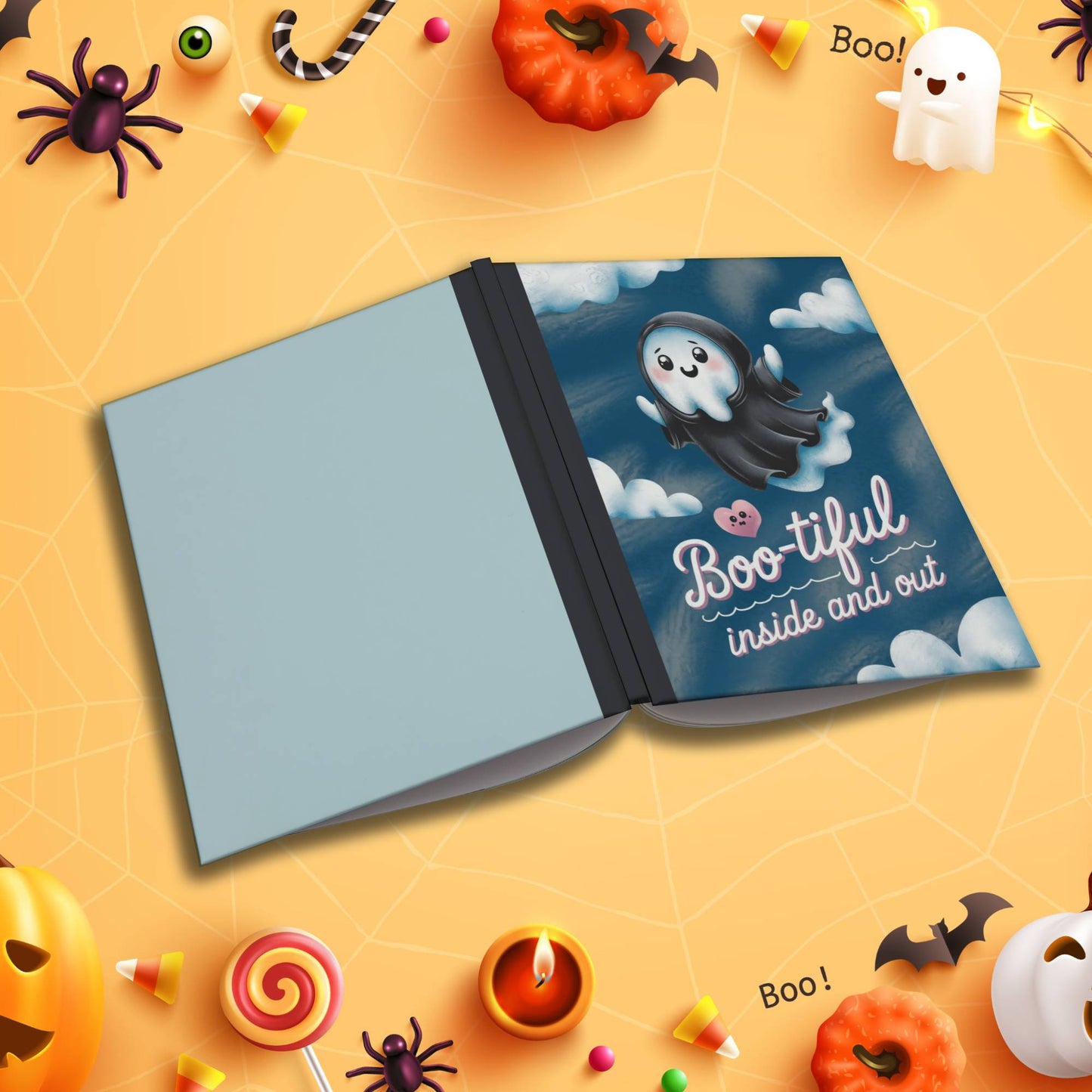 Boo-tiful Inside and Out soft cover composition notebook with pumpkins, wide ruled Halloween writing journal