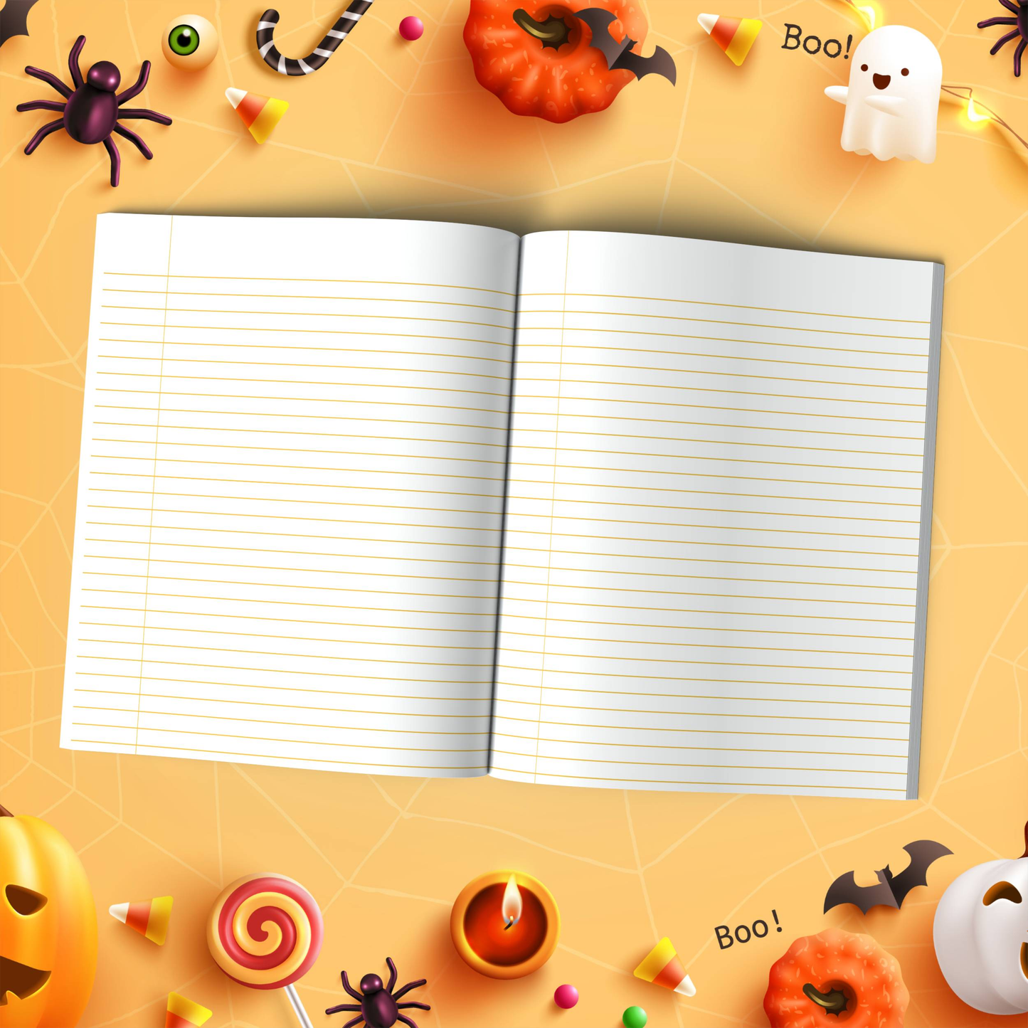 Raspberry Halloween soft cover composition notebook with pumpkin design, wide ruled lined journal for notes or writing