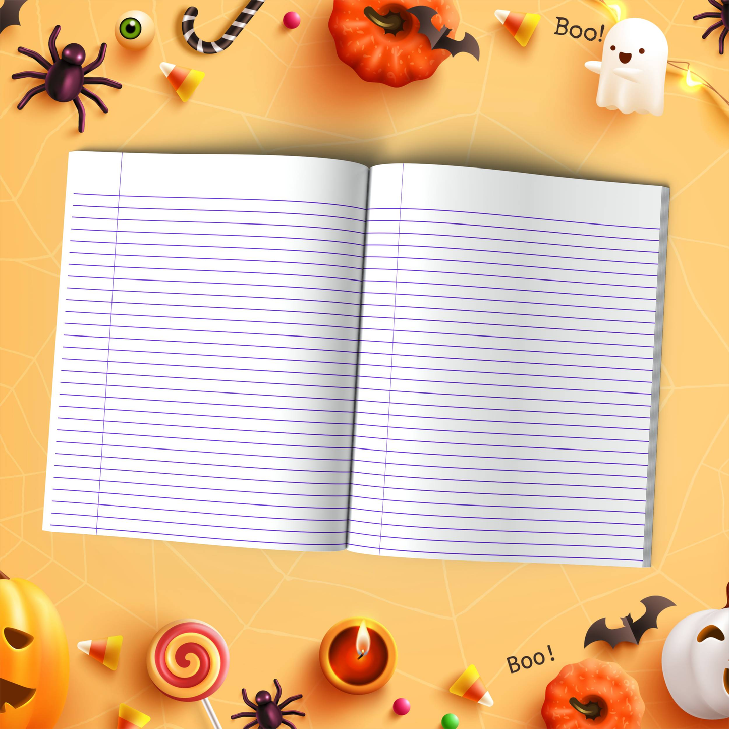 Raspberry Halloween soft cover composition notebook with pumpkin design, wide ruled lined journal for notes or writing