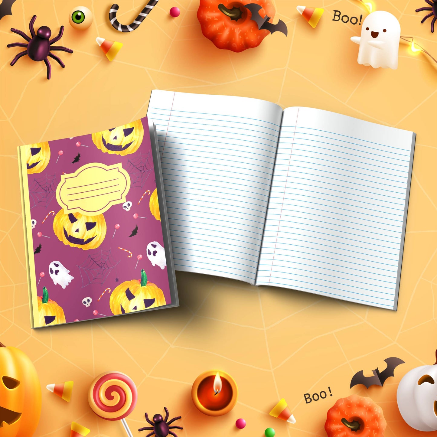 Plum Halloween soft cover composition notebook with pumpkin design, wide ruled lined writing and journaling notebook